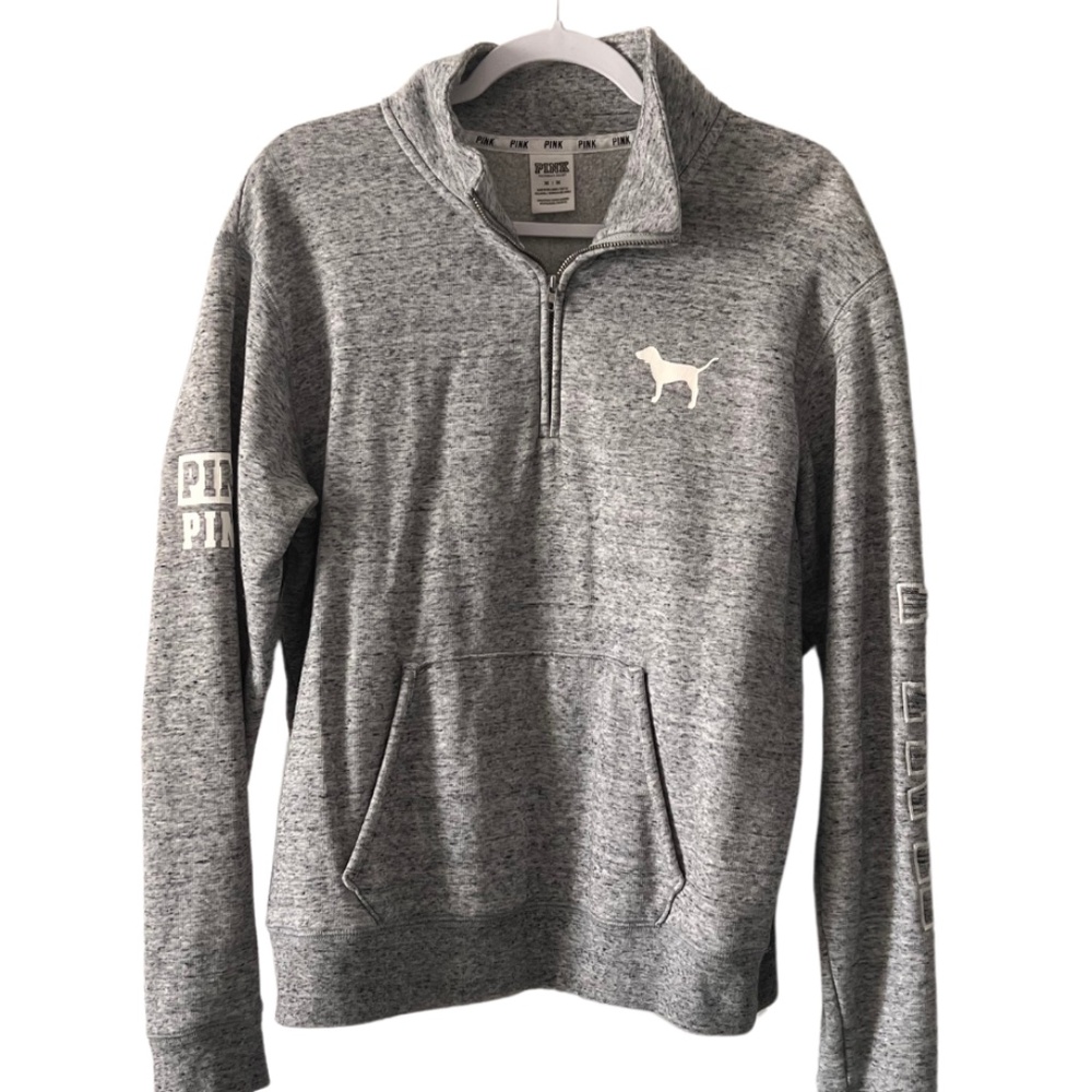 PINK VICTORIA'S SECRET Quarter Zip Gray Sweatshirt Sz Medium